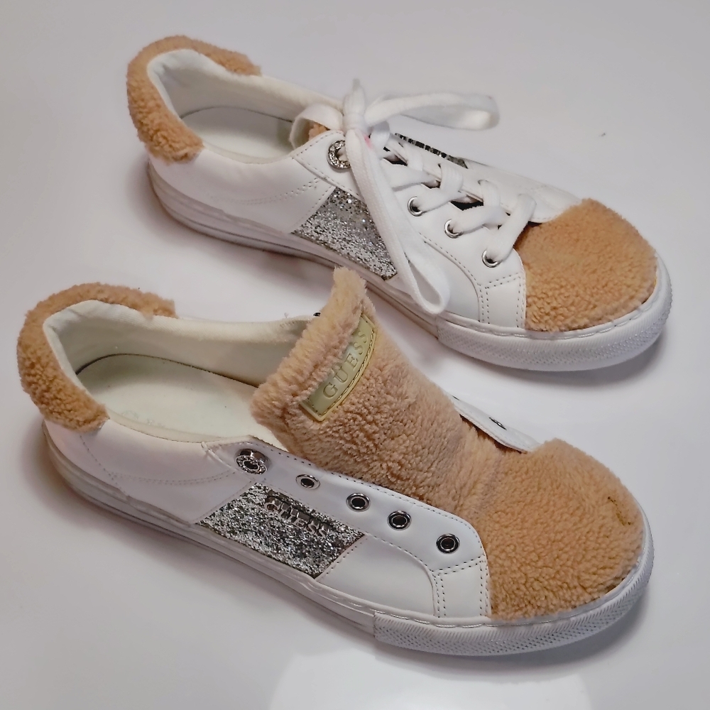 GUESS chic White and Tan Women's Faux Fur Upper Lace Up Sneakers Size 8M